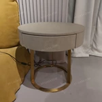 Modern Round Nightstand with Light Gray Leatherette & Gold Stainless Steel Base